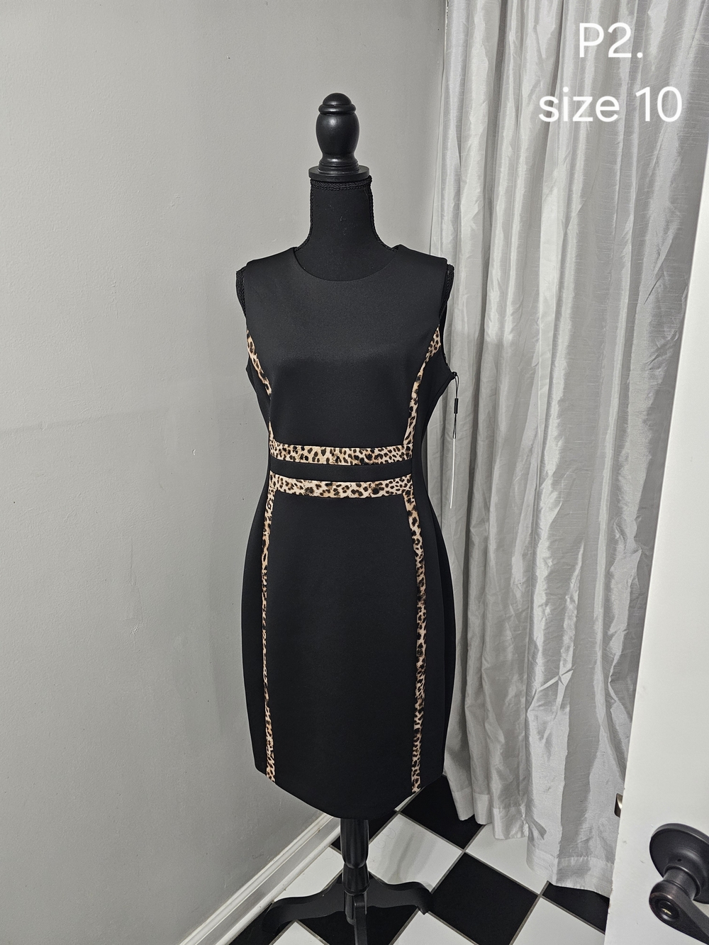 Calvin Klein Black Midi Sheath Dress with Leopard-Print Trim